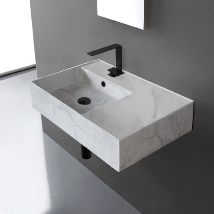 Scarabeo 5114-F-One Hole Marble Design Ceramic Wall Mounted or Vessel Sink With Counter Space